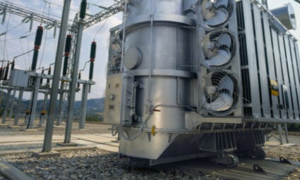 Permanent transformer at an electrical substation with Sorbweb Secondary Containment installed underneath.