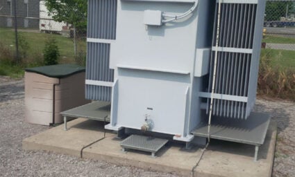 Small neighbourhood transformer with spill tray for transformer secondary containment